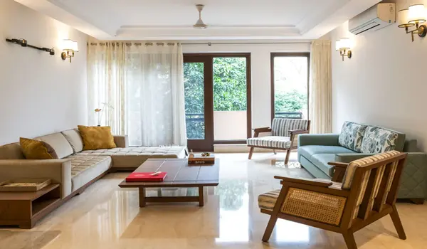 Vibrant and stylish common area of a modern co-living space for working professionals